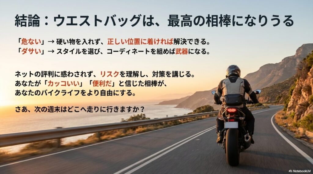 バイクのウエストバッグはダサいし危ない？リスクとスタイルを理解して選ぶバイク用ウエストバッグの結論まとめ