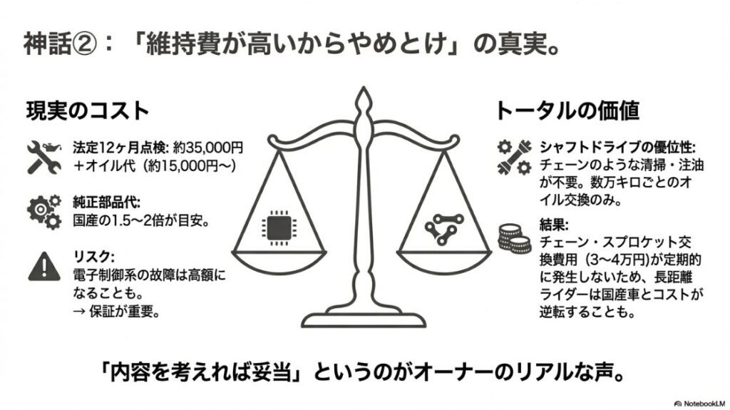 【BMWバイク】電子部品の故障リスクなどのコストと、シャフトドライブによるメンテナンスフリーなどのメリットを比較した天秤のイラスト