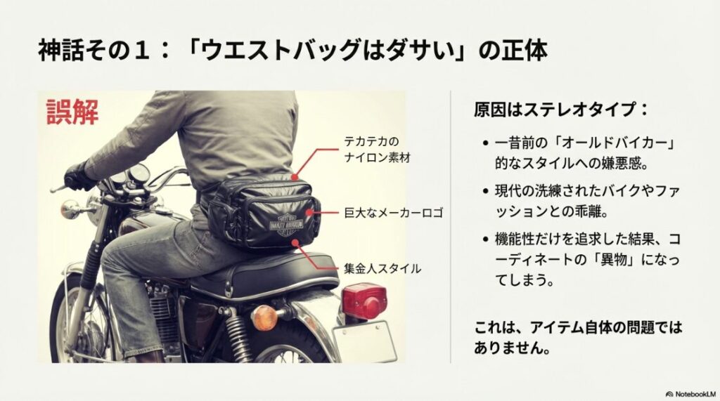 バイクのウエストバッグはダサいし危ない？ダサいと言われるバイクウエストバッグの典型例（テカテカ素材・デカロゴの集金人スタイル）