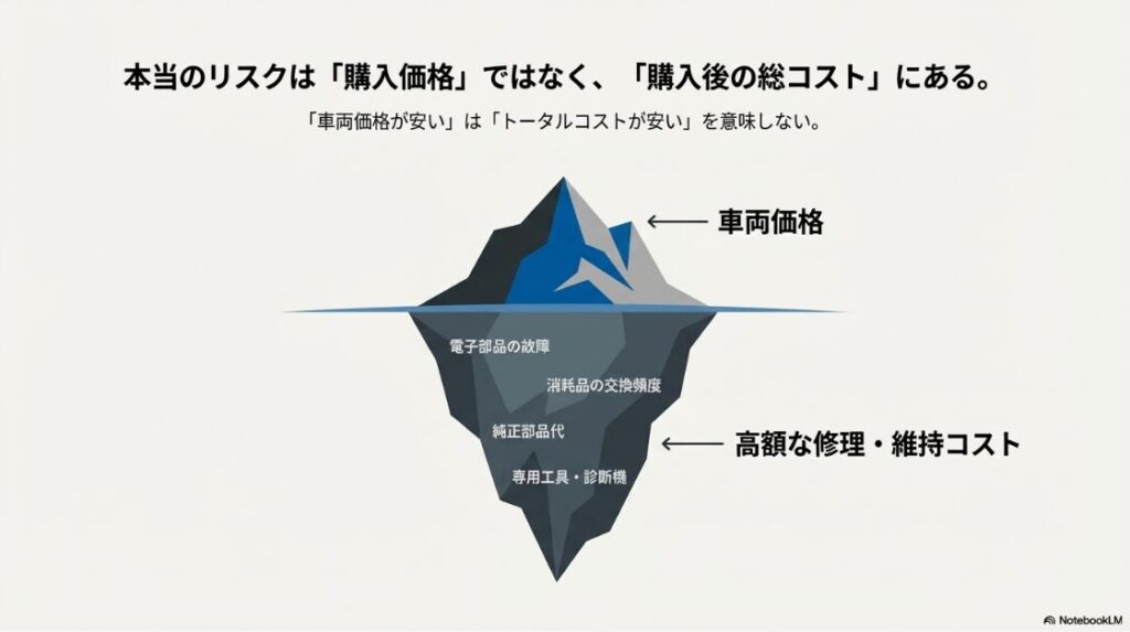 氷山のイラスト。水面上の「車両価格」は安く見えるが、水面下には「電子部品の故障」「消耗品交換」「専用工具」などの高額な維持コストが隠れていることを警告する図。