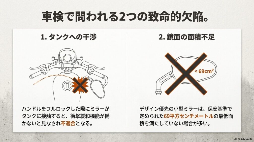 ハンドルロック時にタンクに干渉する様子と、鏡面面積が69平方センチメートル未満であるために不適合となる例を示したイラスト 。