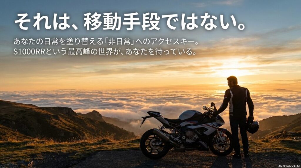 【BMWのS1000RR】移動手段を超えた「非日常」を提供する存在としてのS1000RRを表現したイメージスライド。